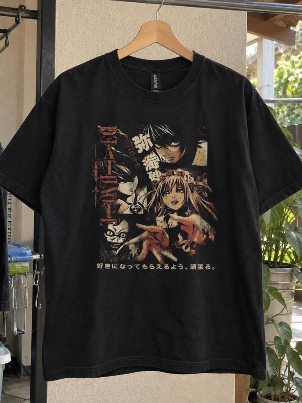 Black anime graphic tee with anime characters and Japanese text T shirt